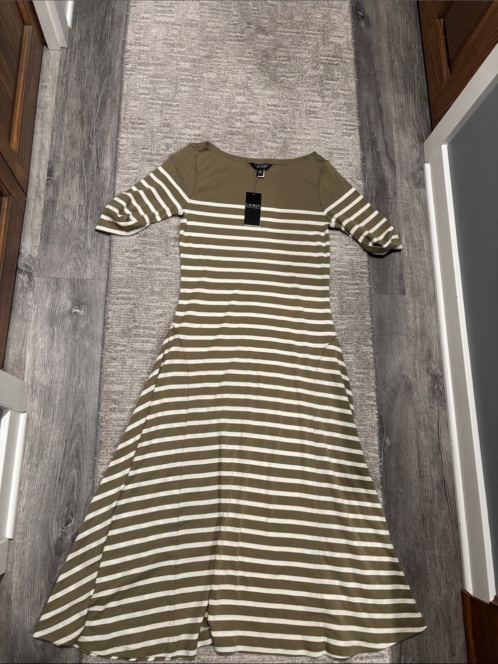 Lauren Ralph Lauren Striped Olive and White Midi Dress - Women's size M - Picture 4 of 6
